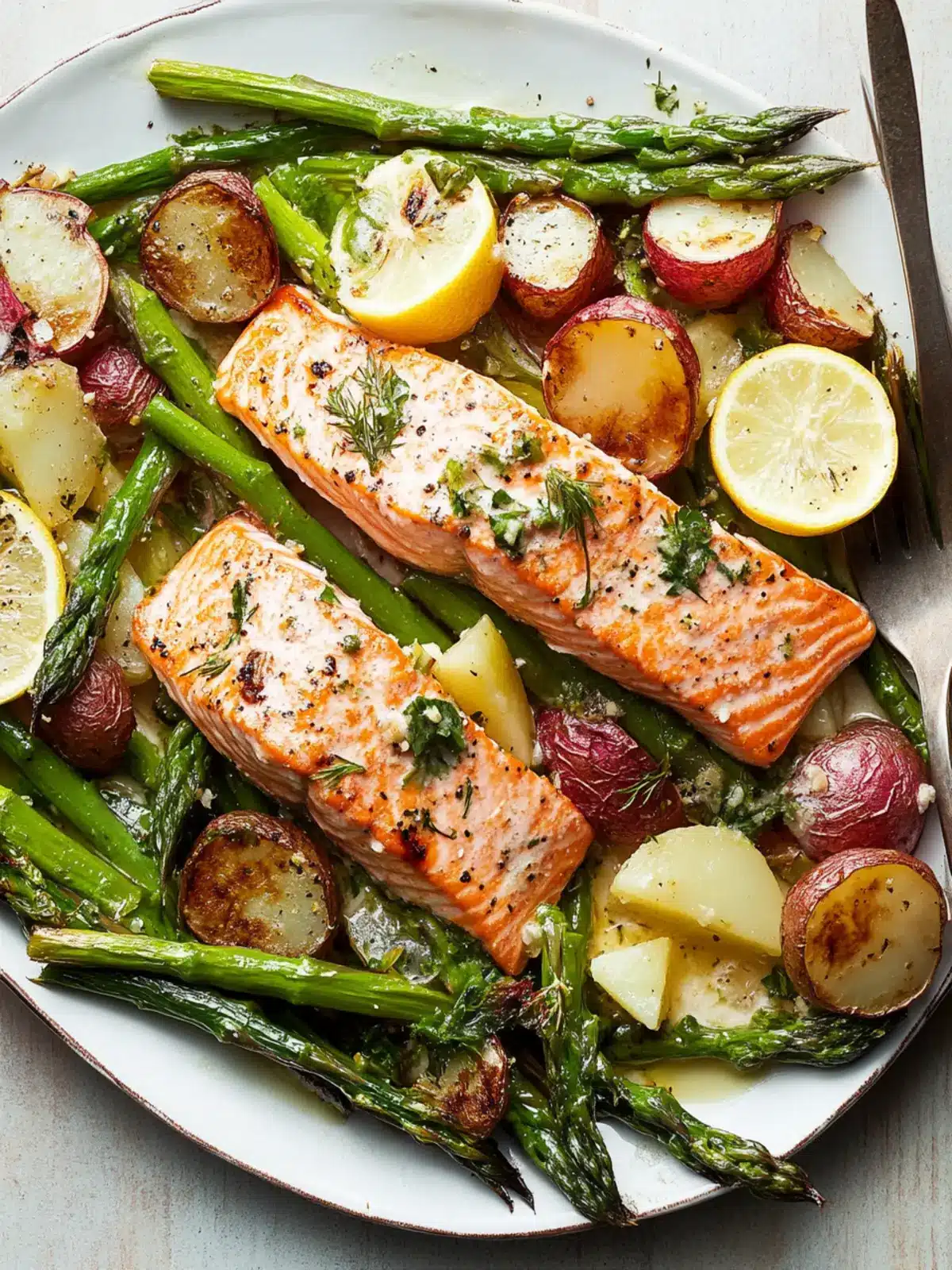 Lemon-Roasted Salmon with Escarole, Asparagus, and Potatoes Delight 2 Lemon-Roasted Salmon With Escarole, Asparagus, and Potatoes