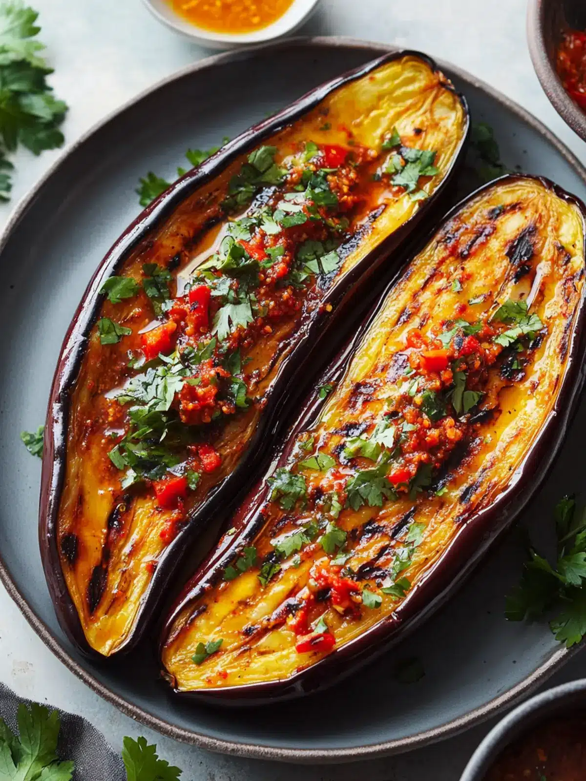 Grilled Whole Eggplant with Harissa Vinaigrette Perfection 2 Grilled Whole Eggplant With Harissa Vinaigrette