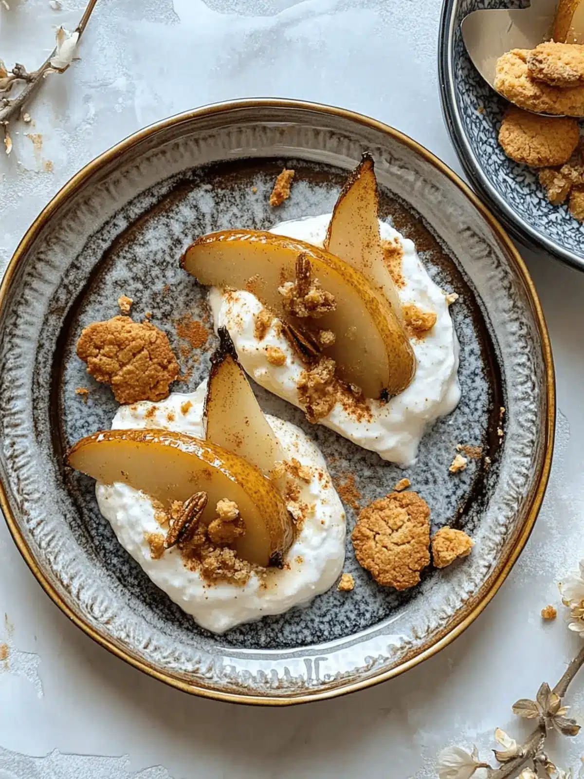 Indulge in Roasted Pear with Spiced Ricotta Yoghurt Bliss 2 Roasted Pear with spiced ricotta yoghurt and crumbled biscuits