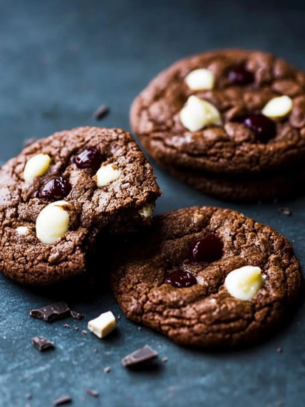 Fudgy Chocolate Cookies with White Chocolate and Cherries 3 Chocolate Cookies With White Chocolate and Cherries