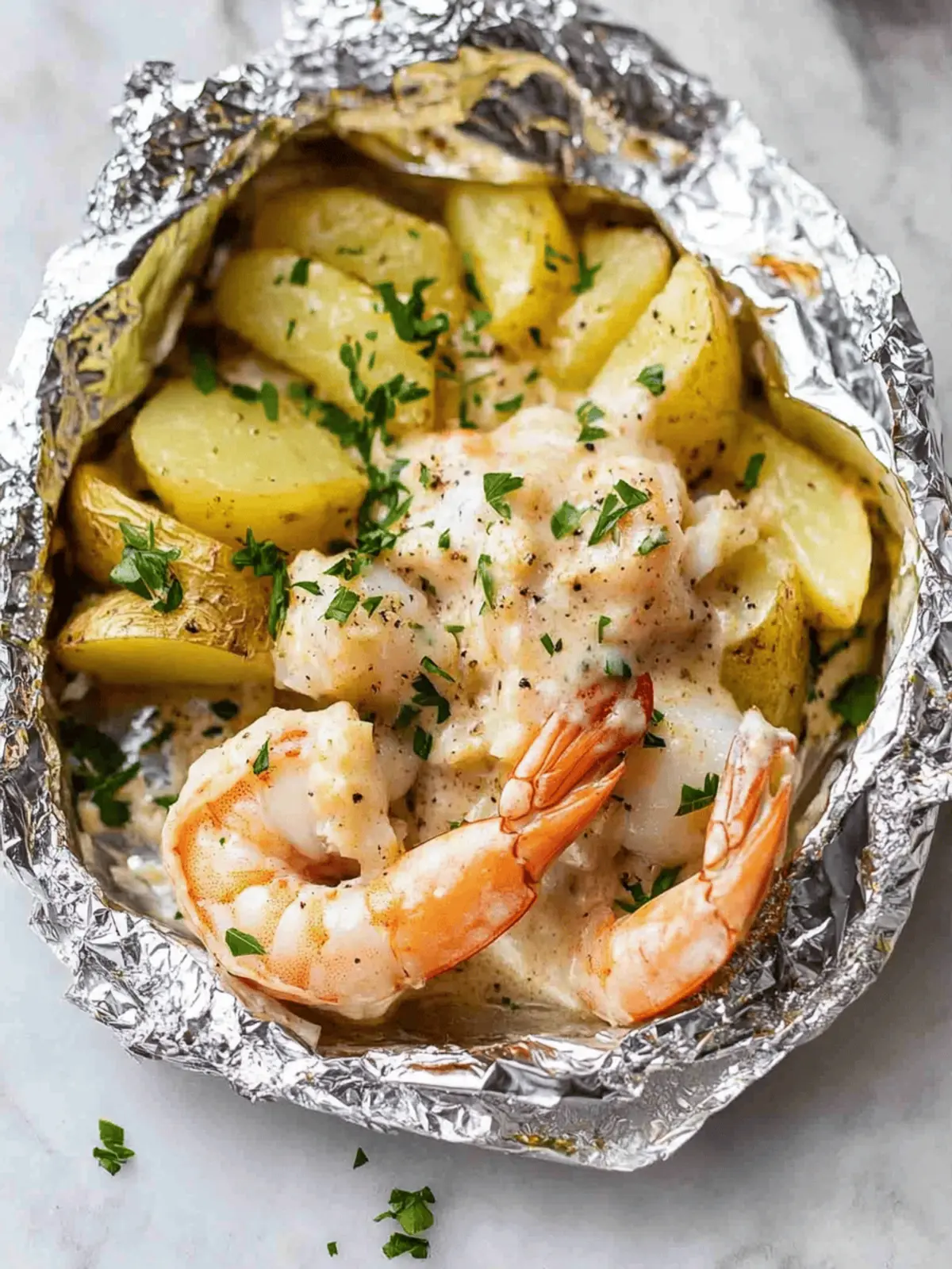 Creamy Garlic Prawns & Cheesy Potato Foil Packet Delight 3 Creamy Garlic Prawns (Shrimp) & Cheesy Potato Foil Packet!