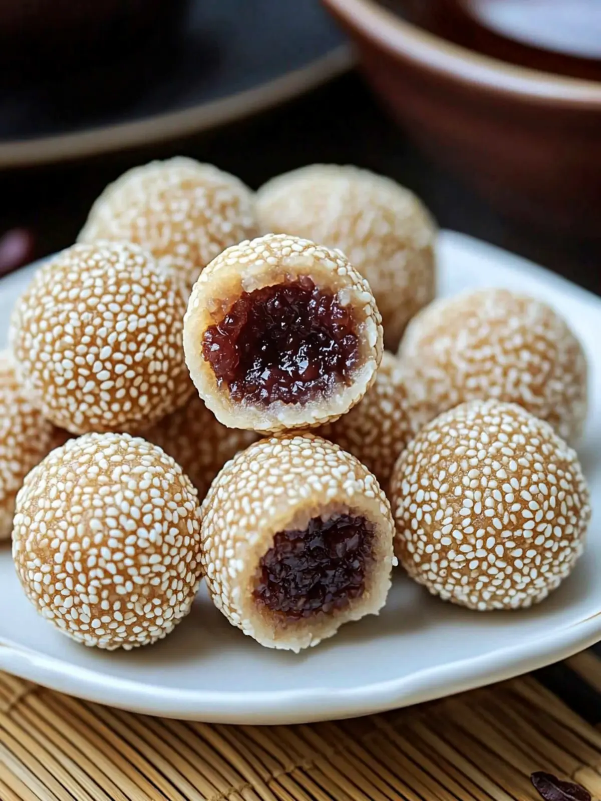Crispy Golden Sesame Balls Filled with Sweet Red Bean Paste Delight for Lunar New Year 2 Crispy Golden Sesame Balls Filled with Sweet Red Bean Paste- Lunar New Year dessert ideas