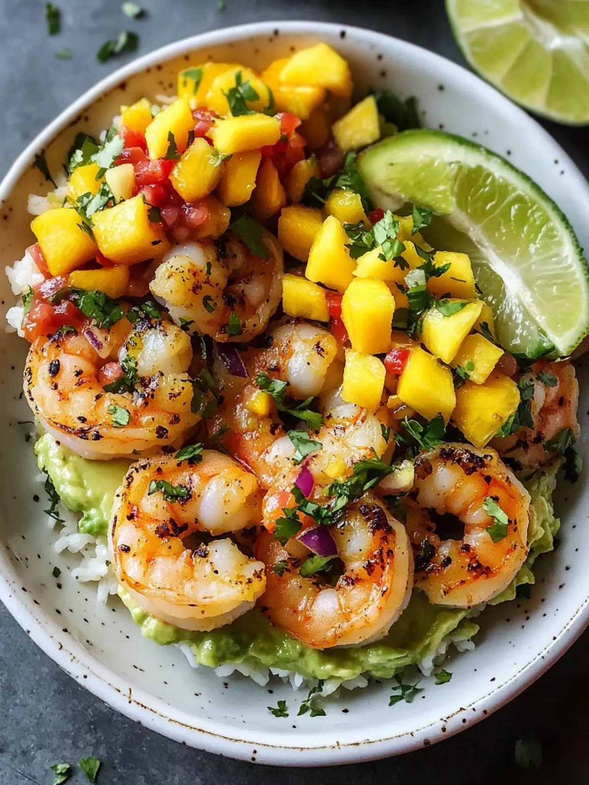 Fresh Shrimp and Avocado Bowls with Zesty Mango Salsa Delight 2 Fresh Shrimp and Creamy Avocado Bowls Topped with Zesty Mango Salsa and Lime Chili Sauce