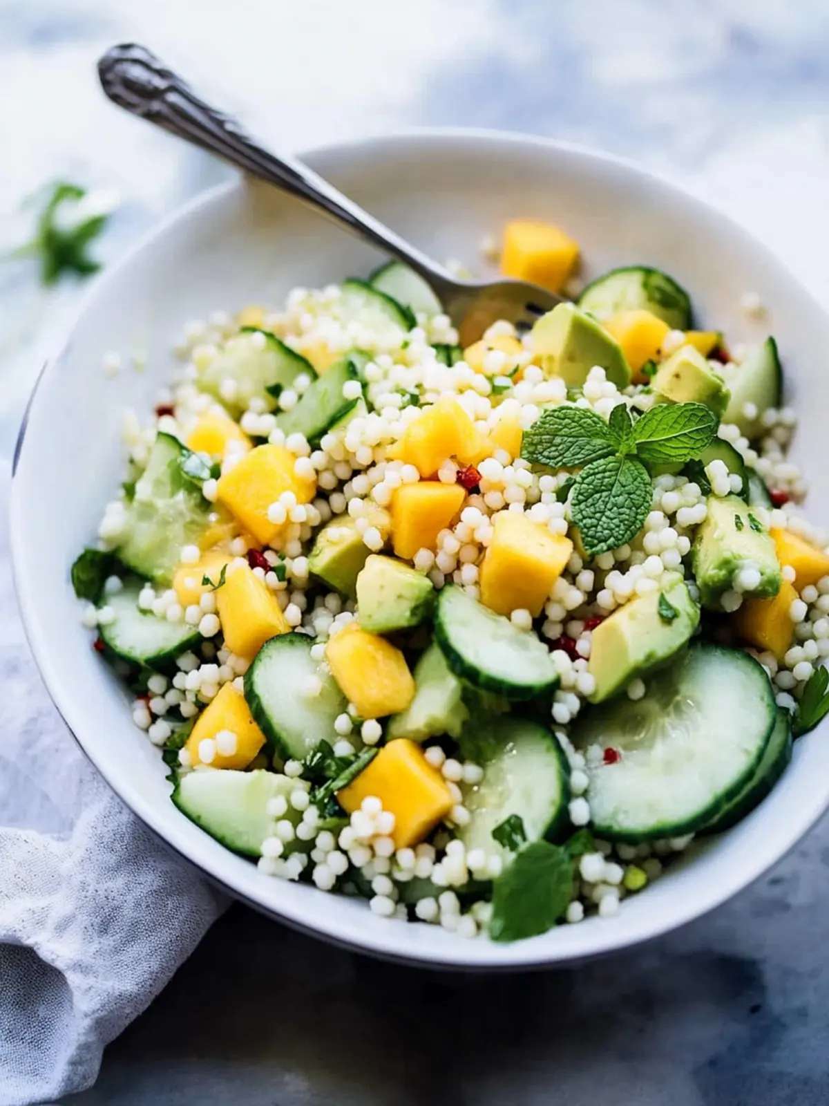 Cucumber, Mango & Avocado Israeli Couscous Salad That Pops 4 Cucumber, Mango & Avocado Israeli Couscous Salad with Mint-Chile Vinaigrette