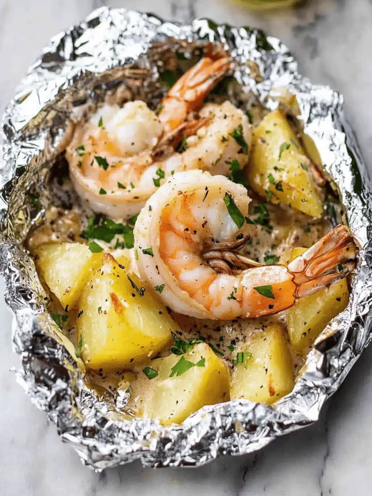 Creamy Garlic Prawns & Cheesy Potato Foil Packet Delight 4 Creamy Garlic Prawns (Shrimp) & Cheesy Potato Foil Packet!