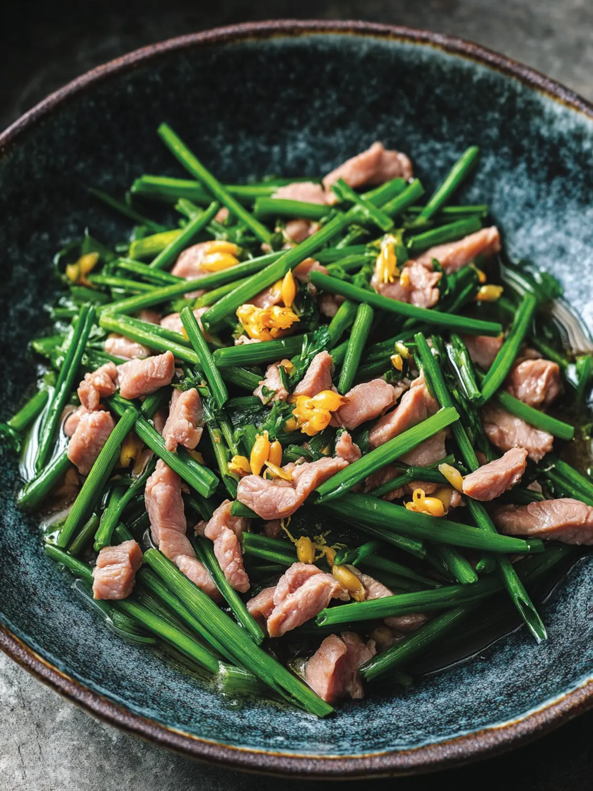 Flowering Chives and Pork Slivers: Quick Spring Comfort Dish 3 Flowering Chives and Pork Slivers (éèè±çèä¸ | JiÇ Cà i HuÄ ChÇo Ròu SÄ«)