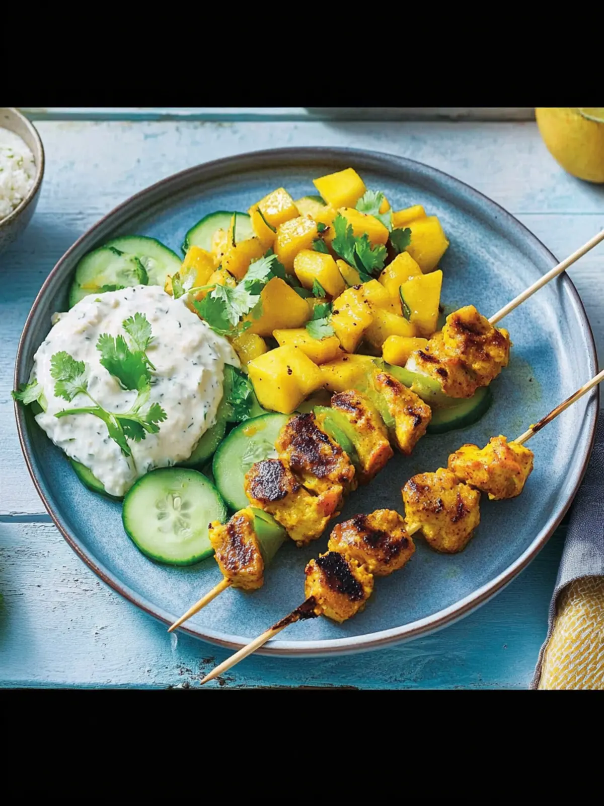 Tandoori Skewers with Cucumber Mango Salad for Summer Bliss 4 Tandoori skewers with cucumber and mango salad