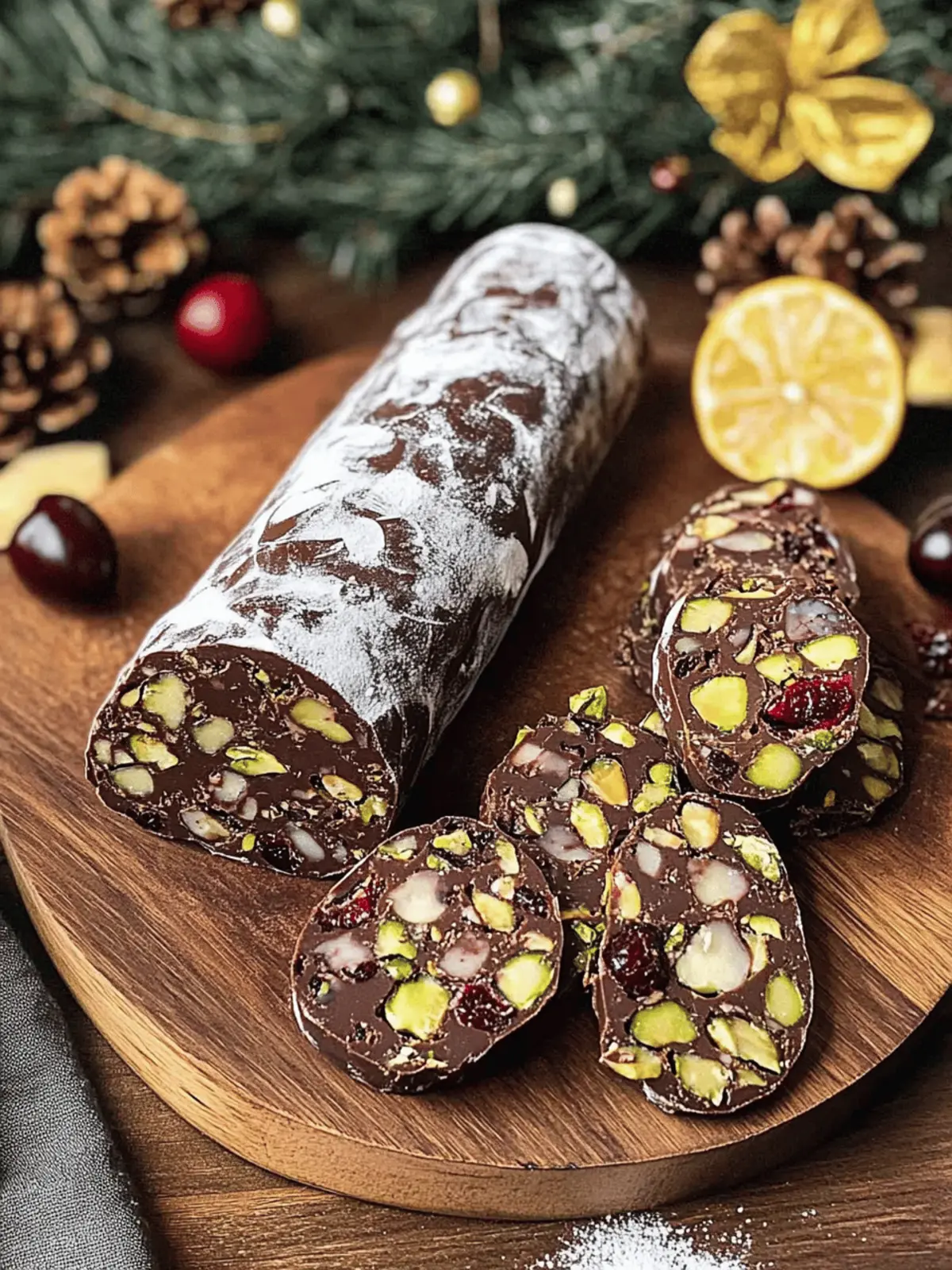 Festive Christmas Chocolate Salami with Cranberries & Pistachios 4 Christmas Chocolate Salami with Cranberries and Pistachios