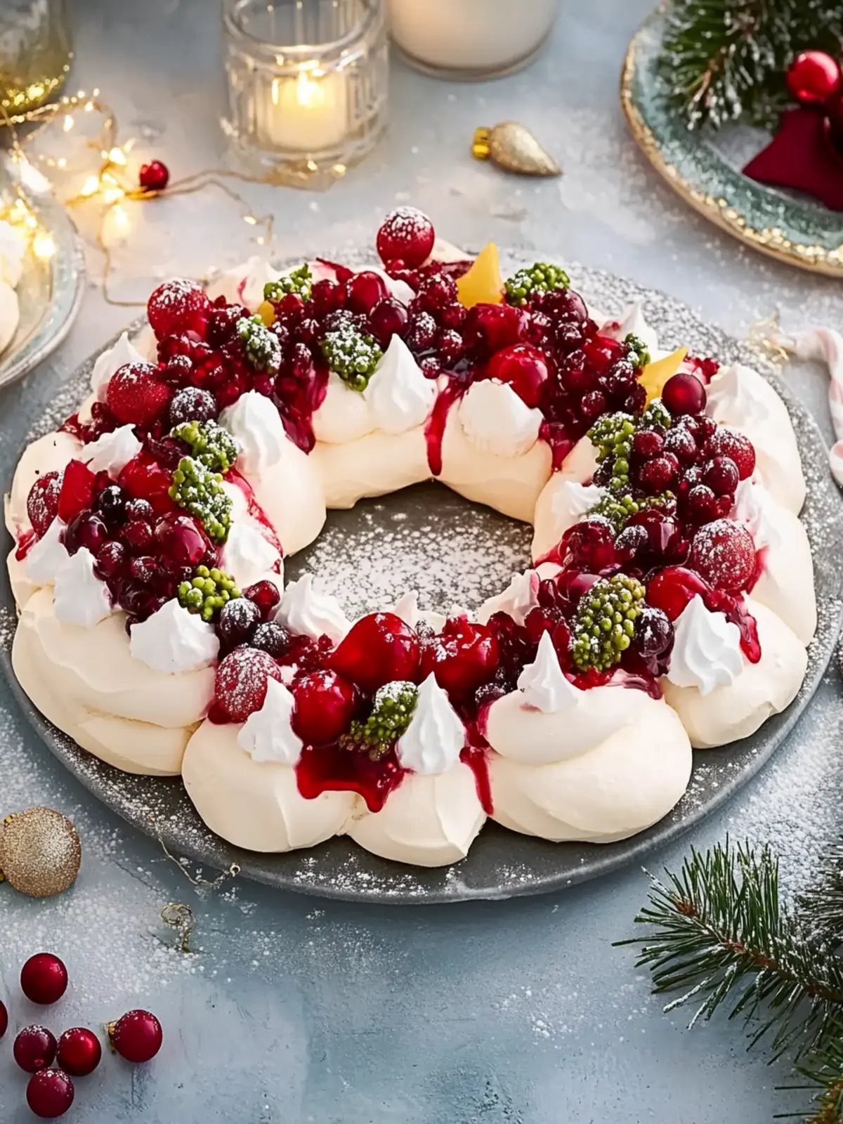Christmas Pavlova Wreath with Pomegranate Sauce Delight 2 Christmas Pavlova wreath- holiday dessert recipes
