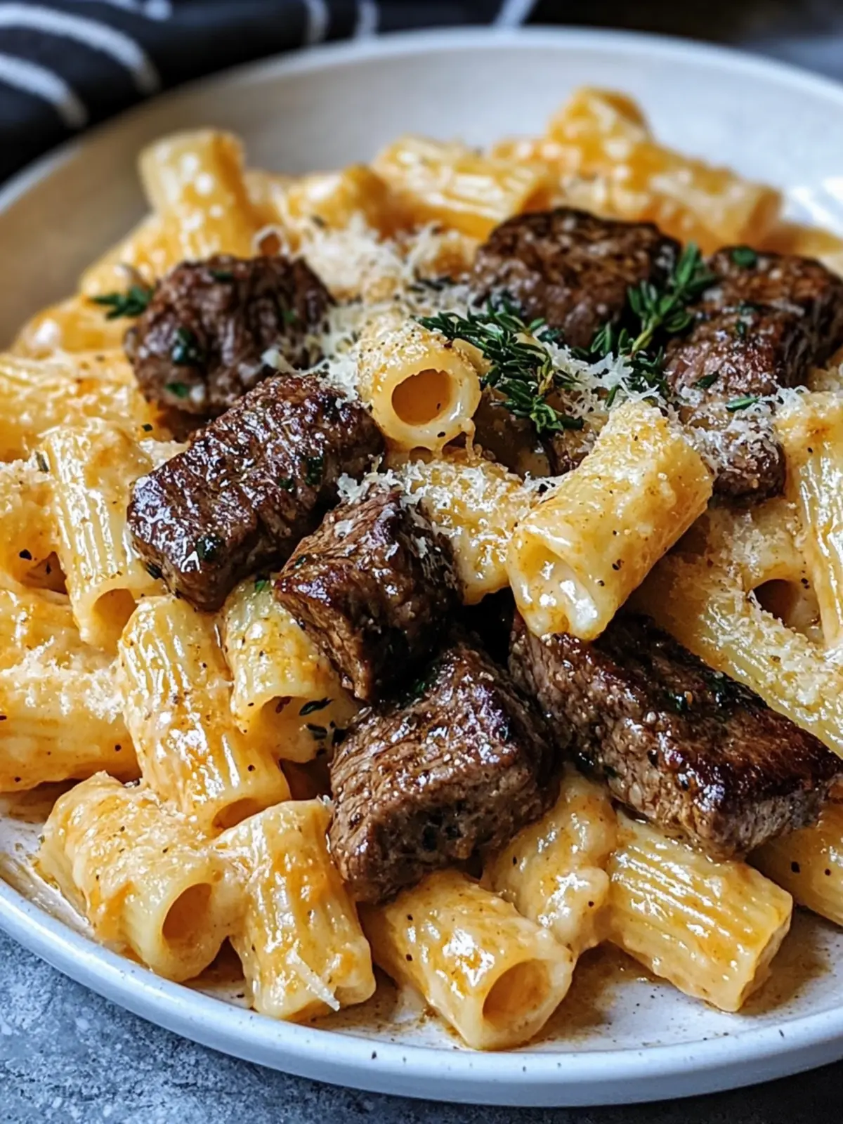 Cajun Steak Tips in Cheesy Rigatoni Parmesan Sauce Delight 3 Cajun Steak Tips in Cheesy Rigatoni Parmesan Sauce