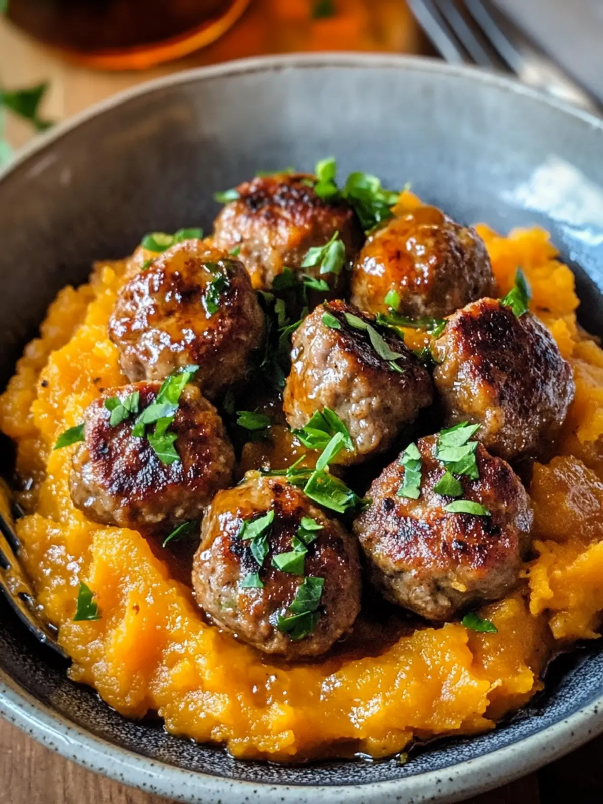 Savory Pork Meatballs with Creamy Sweet Potato Bliss 3 Pork Meatballs Sweet Potato