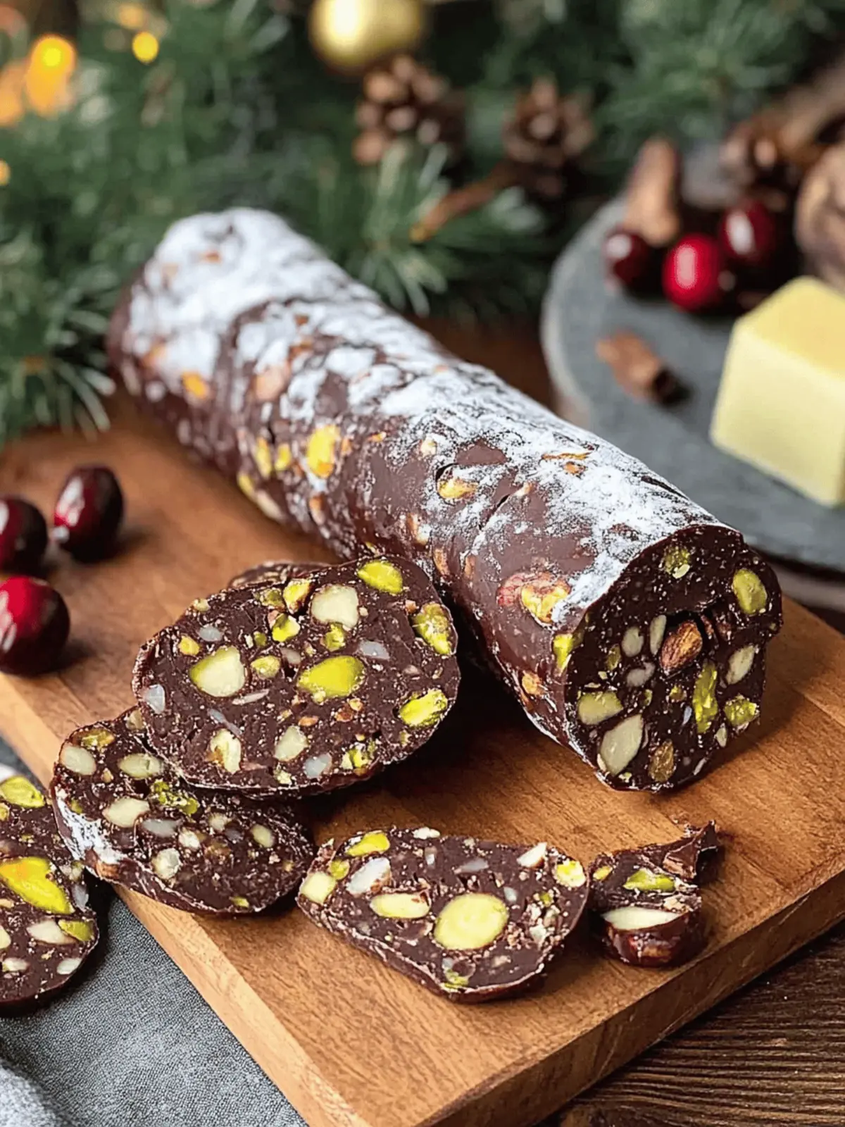 Festive Christmas Chocolate Salami with Cranberries & Pistachios 3 Christmas Chocolate Salami with Cranberries and Pistachios