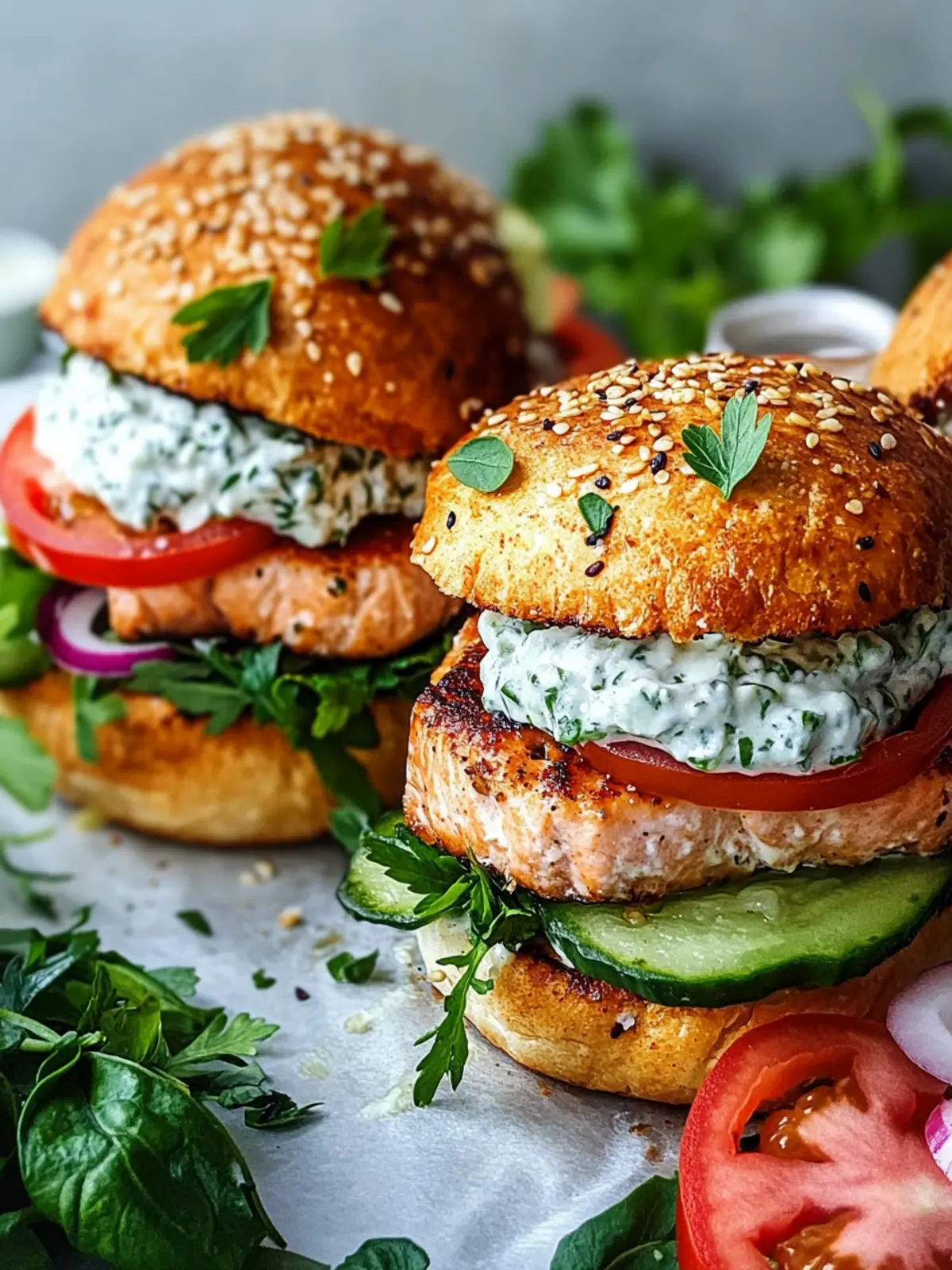 Savory Salmon Burgers with Tzatziki for Quick Weeknight Dinners 2 Salmon Burgers with Tzatziki