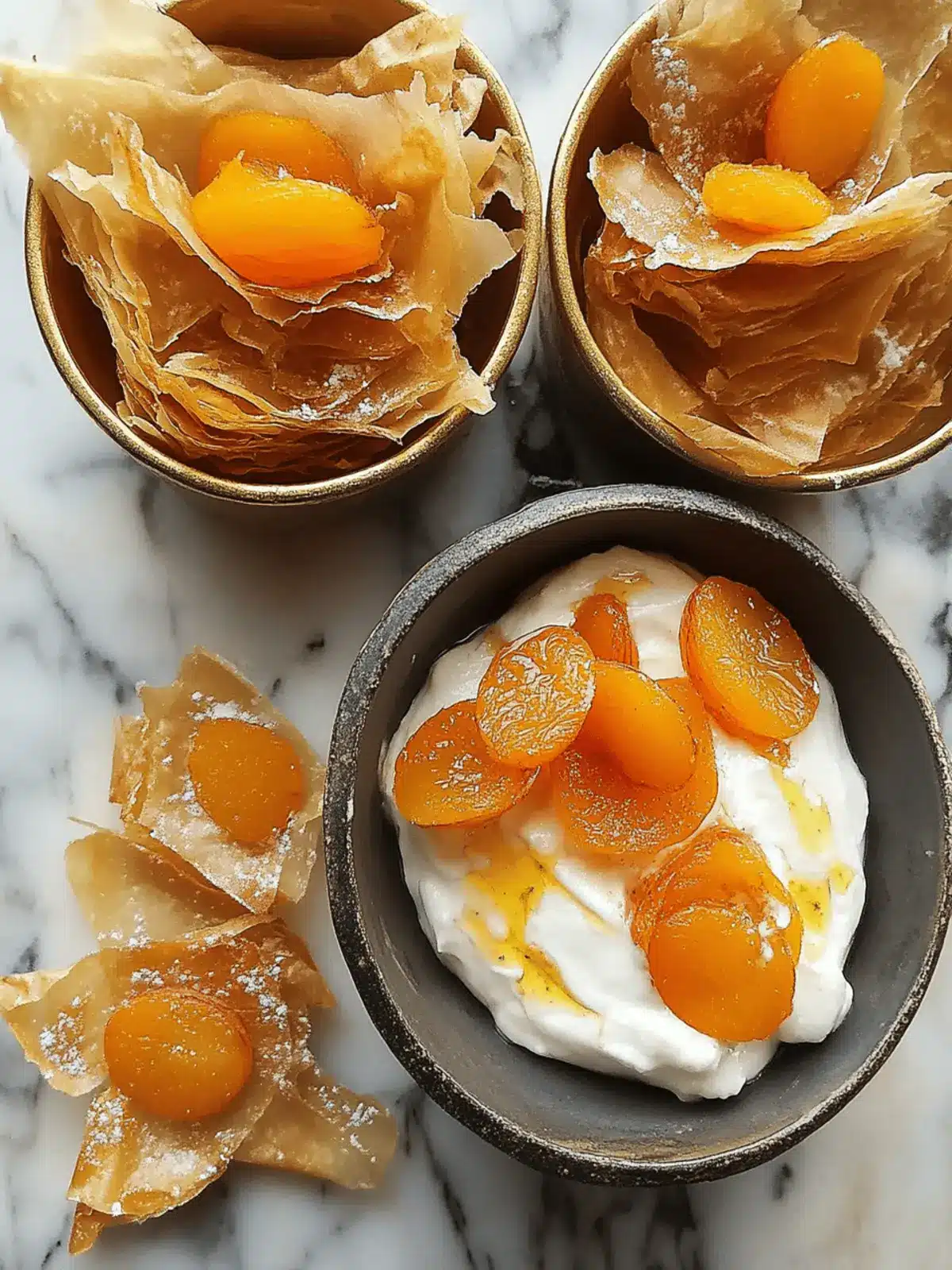 Yoghurt Cream with Sticky Apricots and Crispy Filo Magic 3 Yoghurt cream with sticky apricots and filo wafer