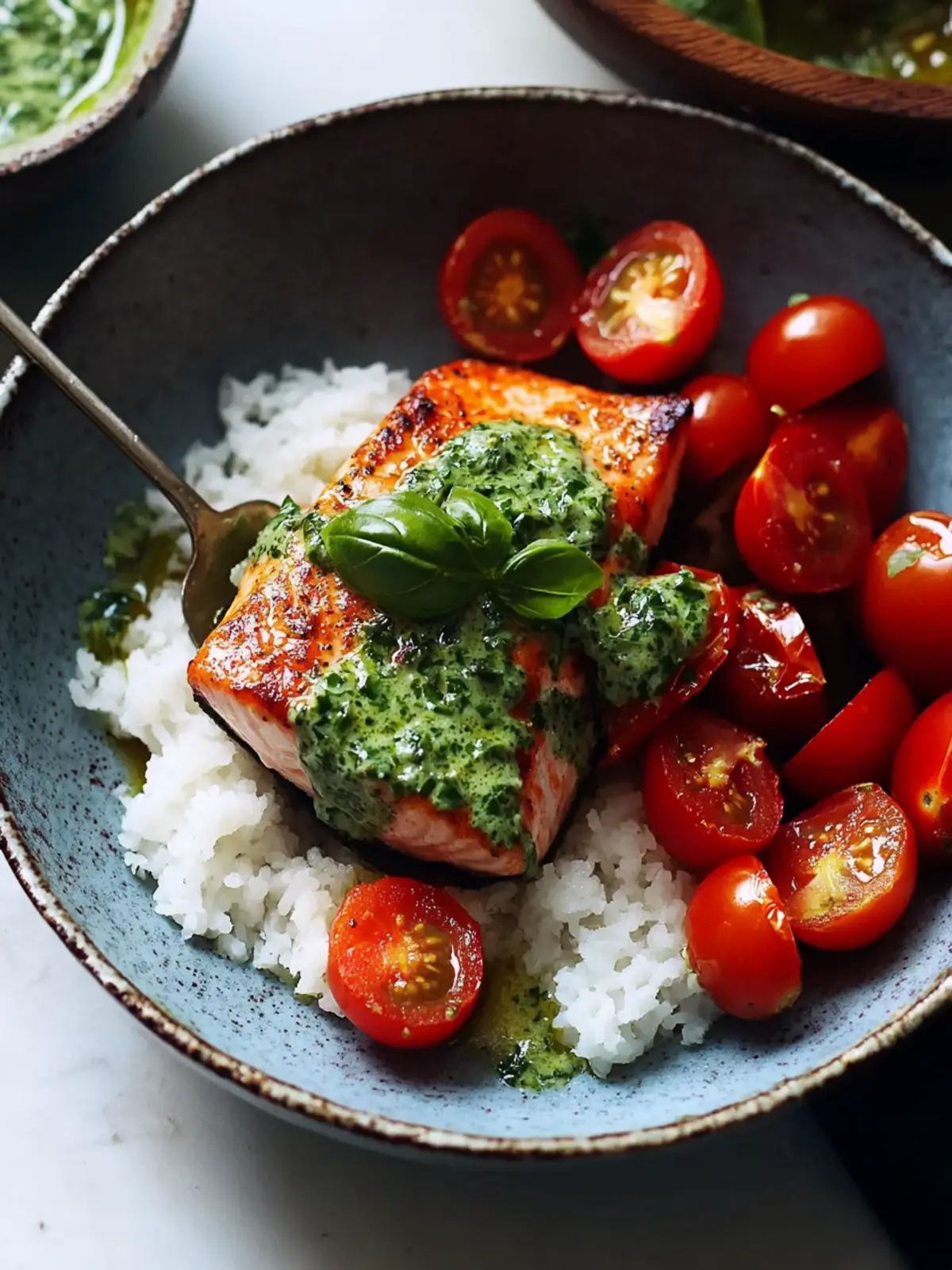 Savory Salmon with Basil Sauce and Fresh Tomato Salad 4 Salmon with Basil Sauce and Tomato Salad
