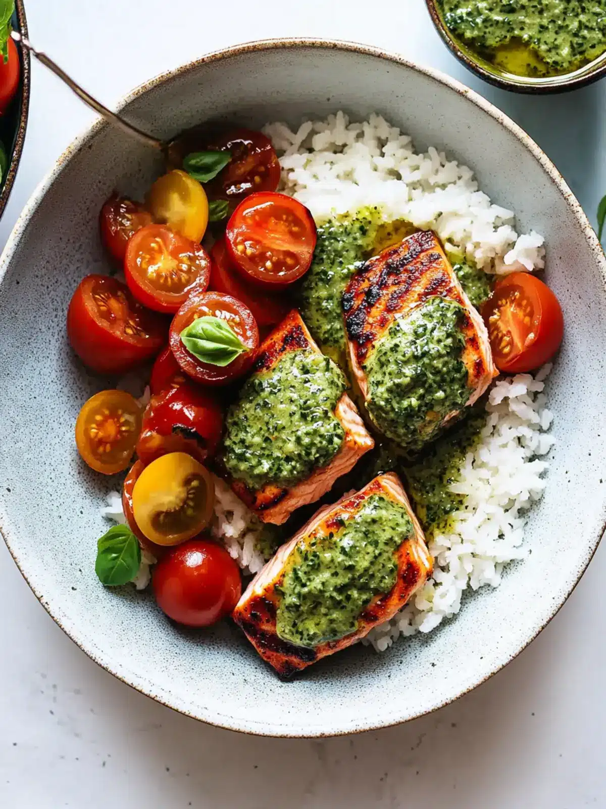 Savory Salmon with Basil Sauce and Fresh Tomato Salad 2 Salmon with Basil Sauce and Tomato Salad