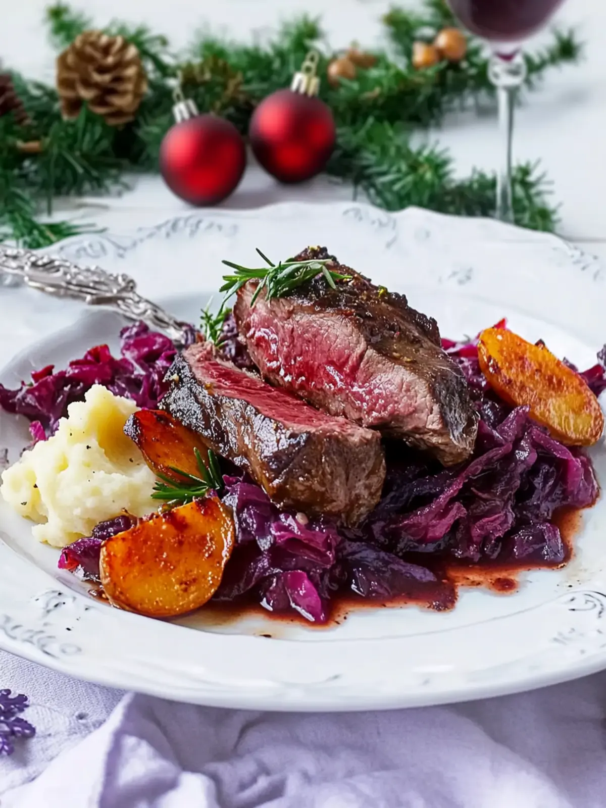 Delicious Venison Steaks with Red Cabbage and Mashed Potatoes 4 Venison steaks with red cabbage and mashed potatoes- christmas recipes