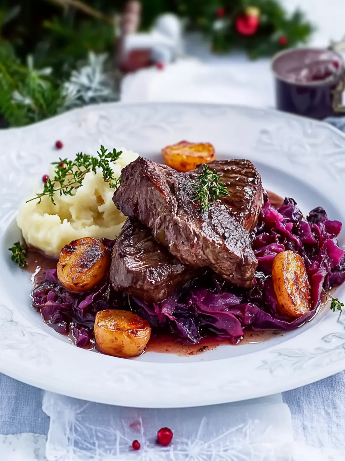 Delicious Venison Steaks with Red Cabbage and Mashed Potatoes 2 Venison steaks with red cabbage and mashed potatoes- christmas recipes