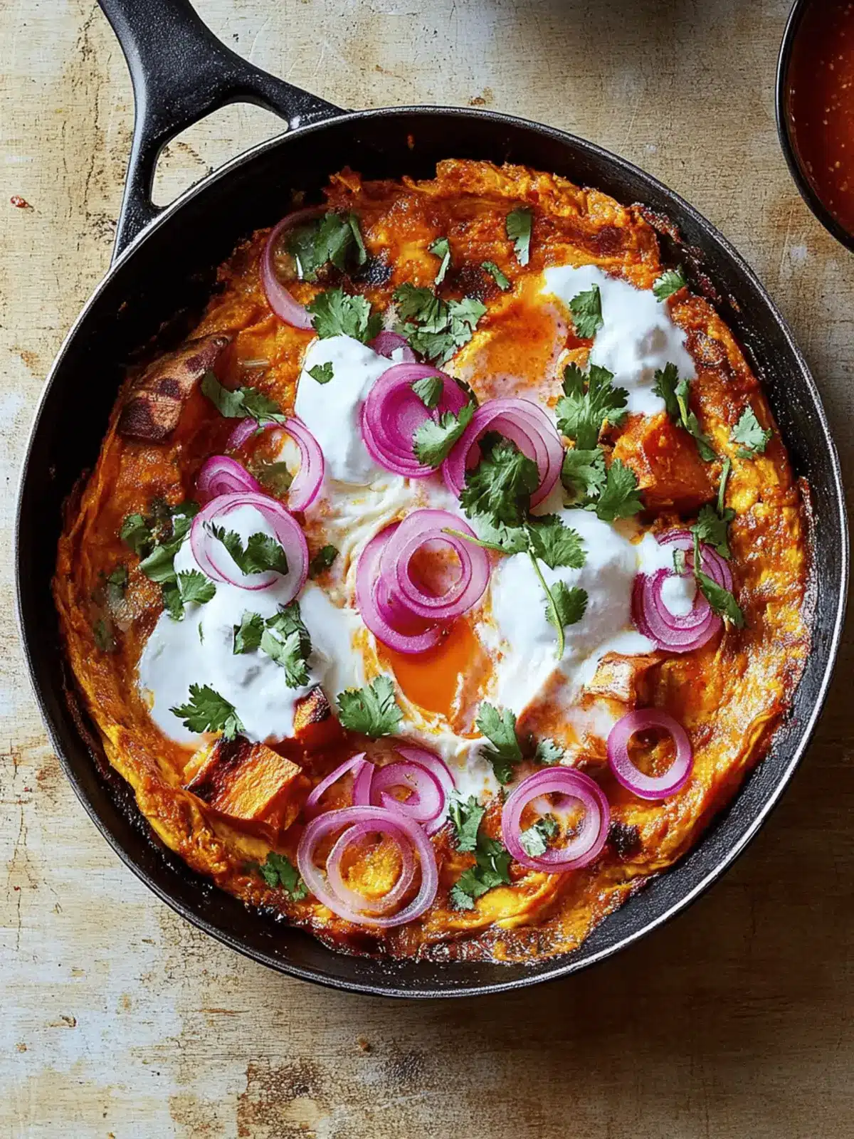 Sweet Potato Shakshuka with Sriracha Butter & Zesty Onions 3 Sweet potato shakshuka with sriracha butter and pickled onions