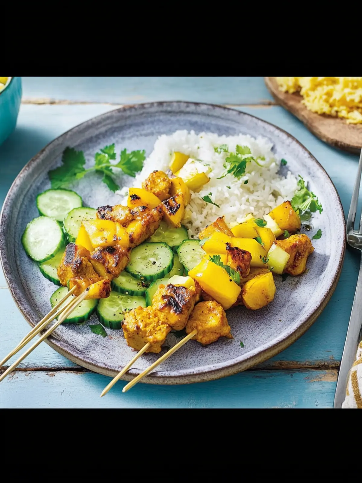 Tandoori Skewers with Cucumber Mango Salad for Summer Bliss 3 Tandoori skewers with cucumber and mango salad