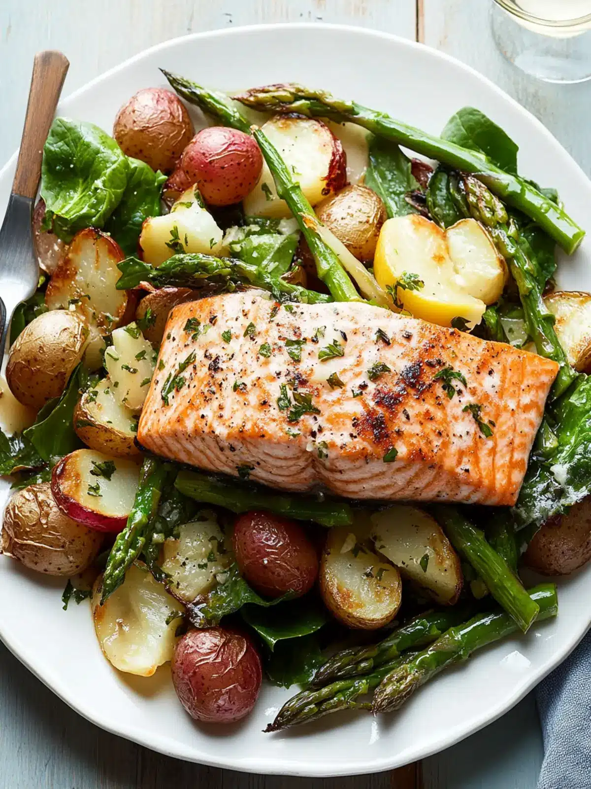 Lemon-Roasted Salmon with Escarole, Asparagus, and Potatoes Delight 3 Lemon-Roasted Salmon With Escarole, Asparagus, and Potatoes
