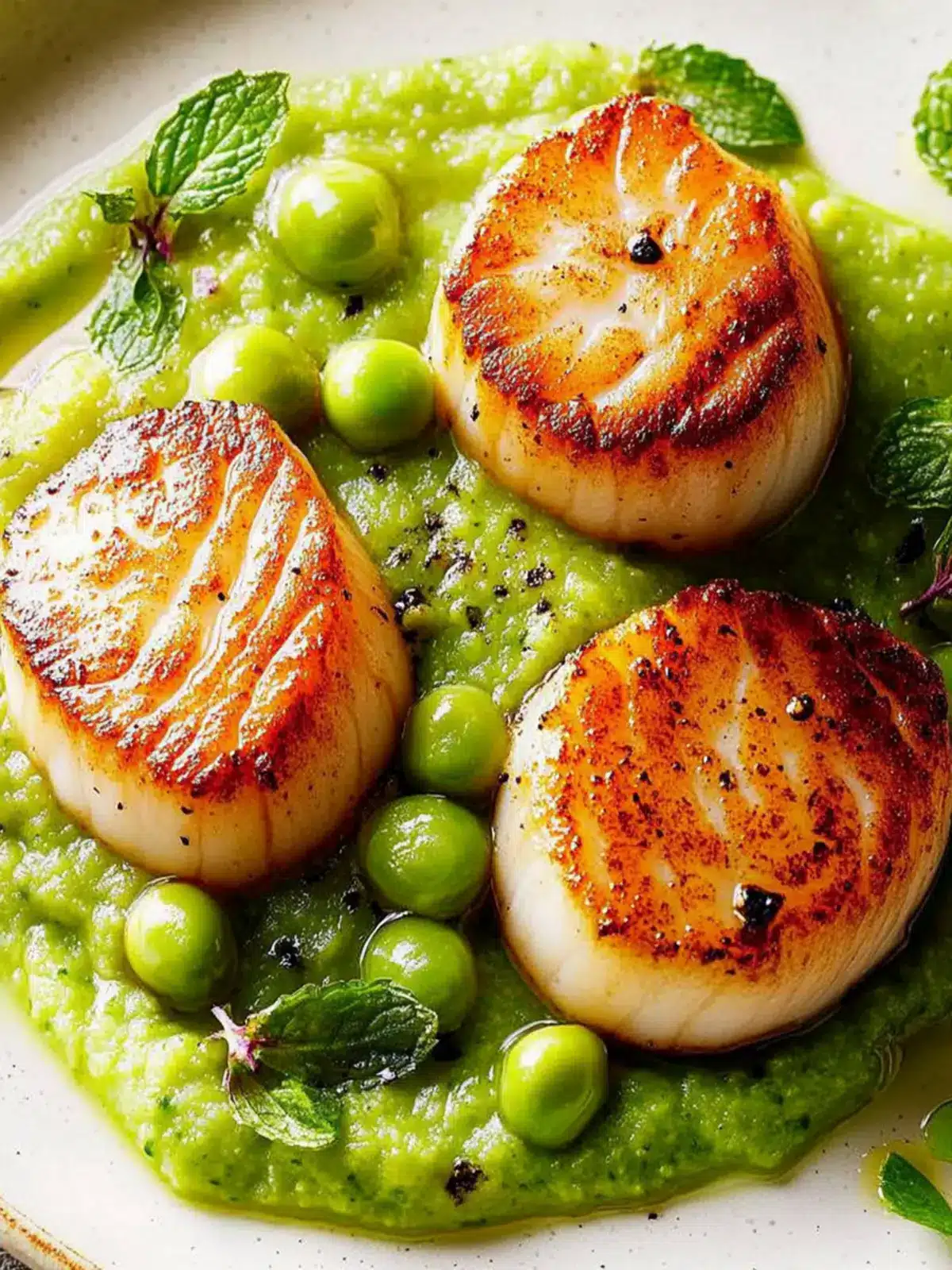 Seared Scallops with Minted Pea Puree: Your Festive Feast Upgrade 4 Seared Scallops with Minted Pea Puree- Festive New Year Dinner Recipe