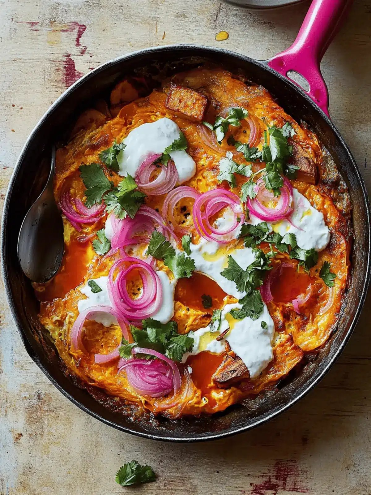 Sweet Potato Shakshuka with Sriracha Butter & Zesty Onions 2 Sweet potato shakshuka with sriracha butter and pickled onions