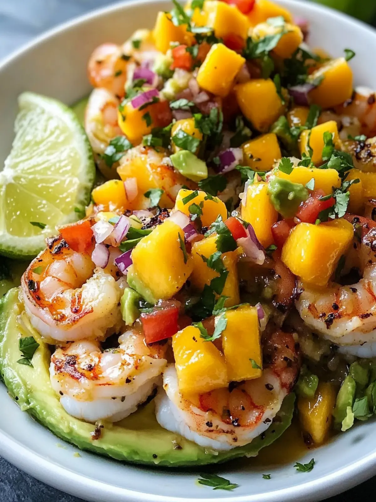 Fresh Shrimp and Avocado Bowls with Zesty Mango Salsa Delight 3 Fresh Shrimp and Creamy Avocado Bowls Topped with Zesty Mango Salsa and Lime Chili Sauce