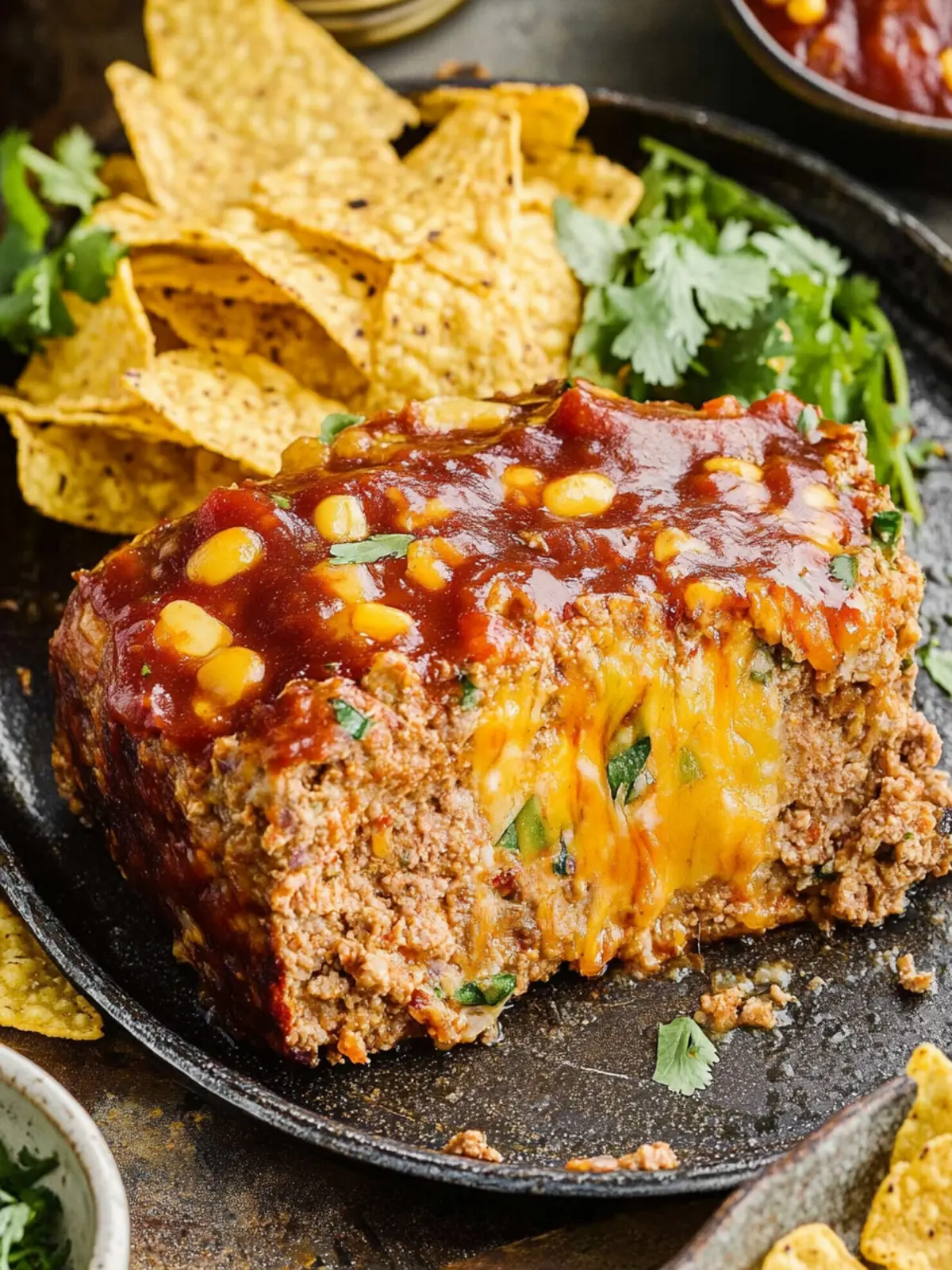 Tex-Mex Meatloaf from a Baking Sheet with Crunchy Tortilla Chips 4 Tex-Mex meatloaf from a baking sheet with tortilla chips