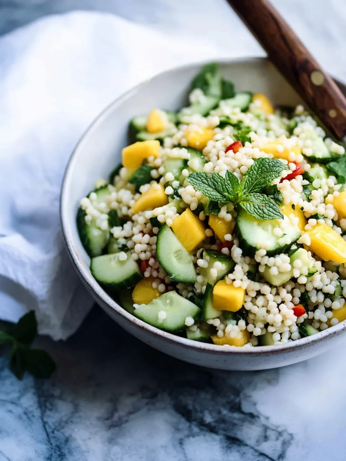 Cucumber, Mango & Avocado Israeli Couscous Salad That Pops 3 Cucumber, Mango & Avocado Israeli Couscous Salad with Mint-Chile Vinaigrette