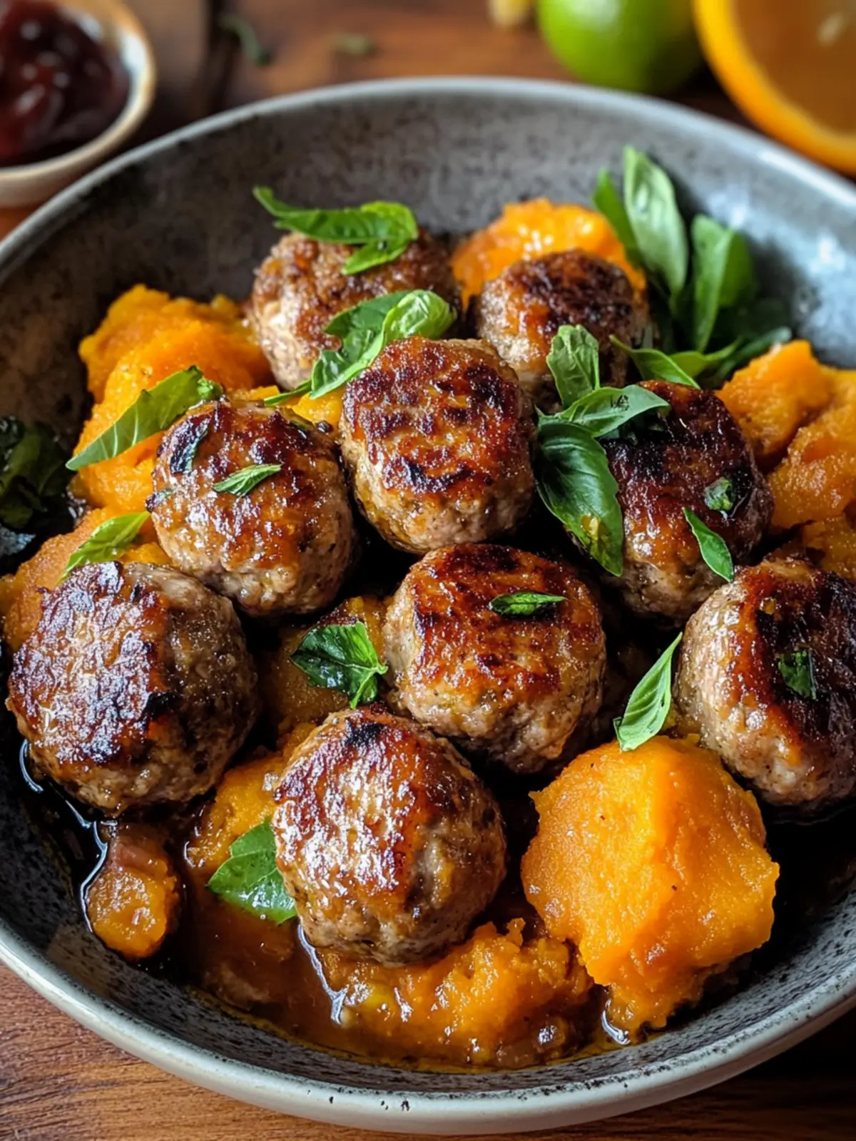 Savory Pork Meatballs with Creamy Sweet Potato Bliss 2 Pork Meatballs Sweet Potato