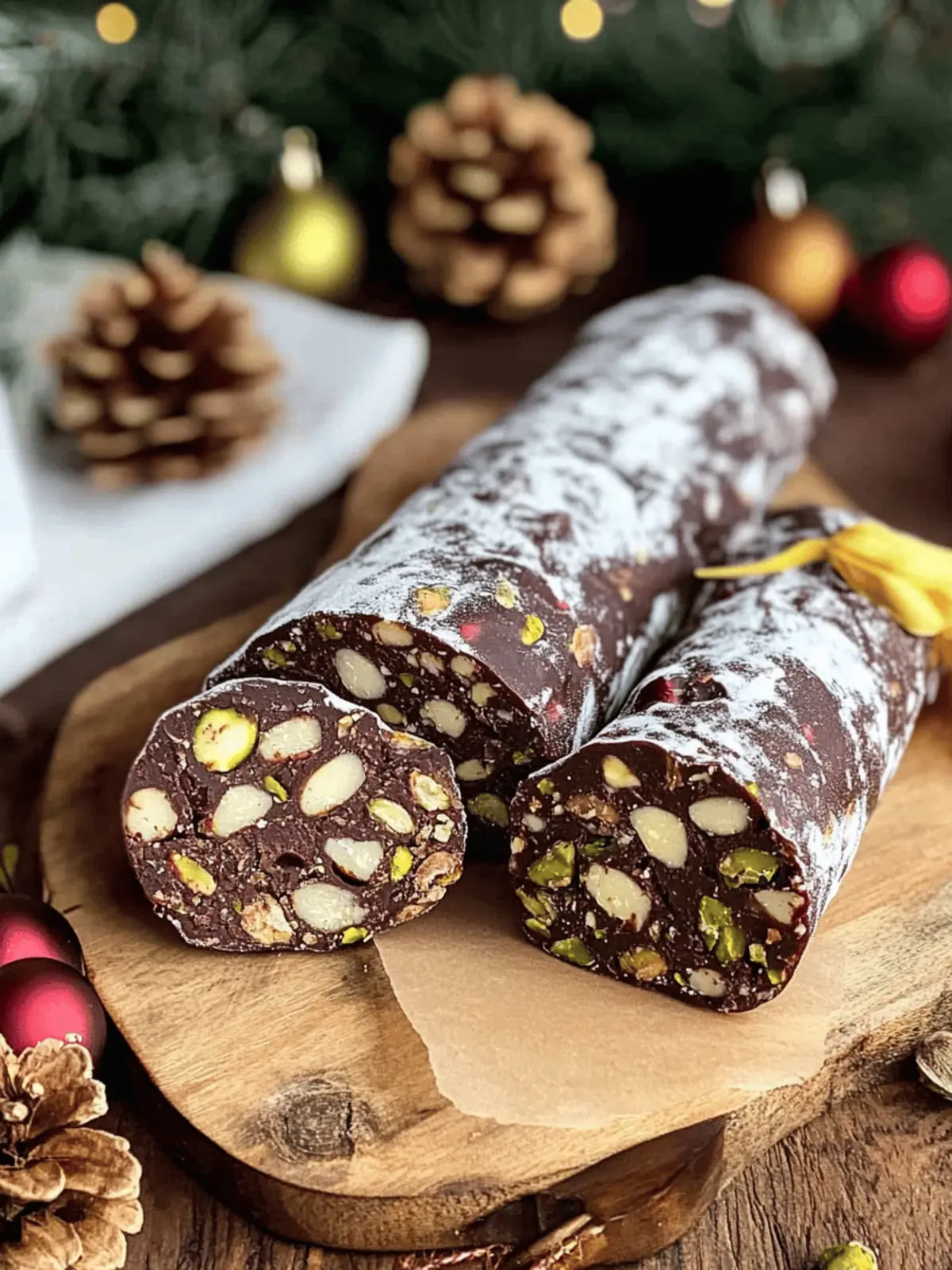 Festive Christmas Chocolate Salami with Cranberries & Pistachios 2 Christmas Chocolate Salami with Cranberries and Pistachios
