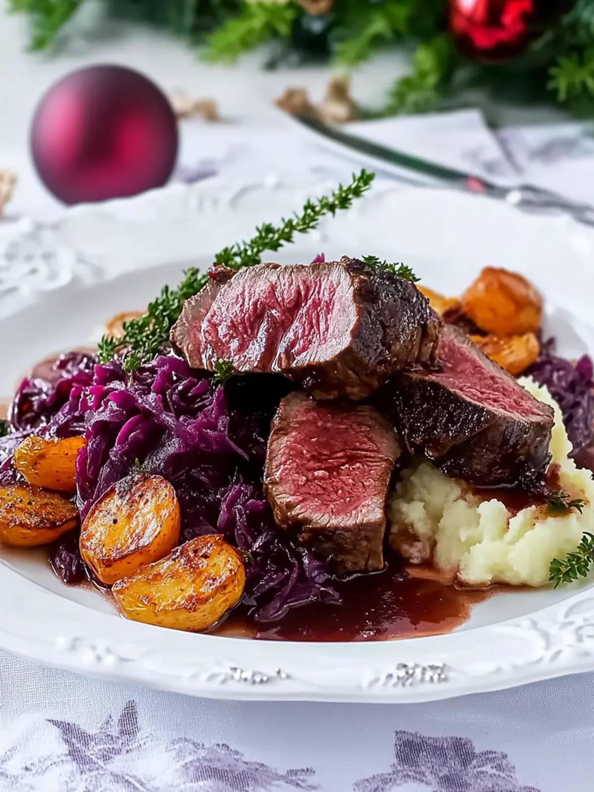 Delicious Venison Steaks with Red Cabbage and Mashed Potatoes 3 Venison steaks with red cabbage and mashed potatoes- christmas recipes