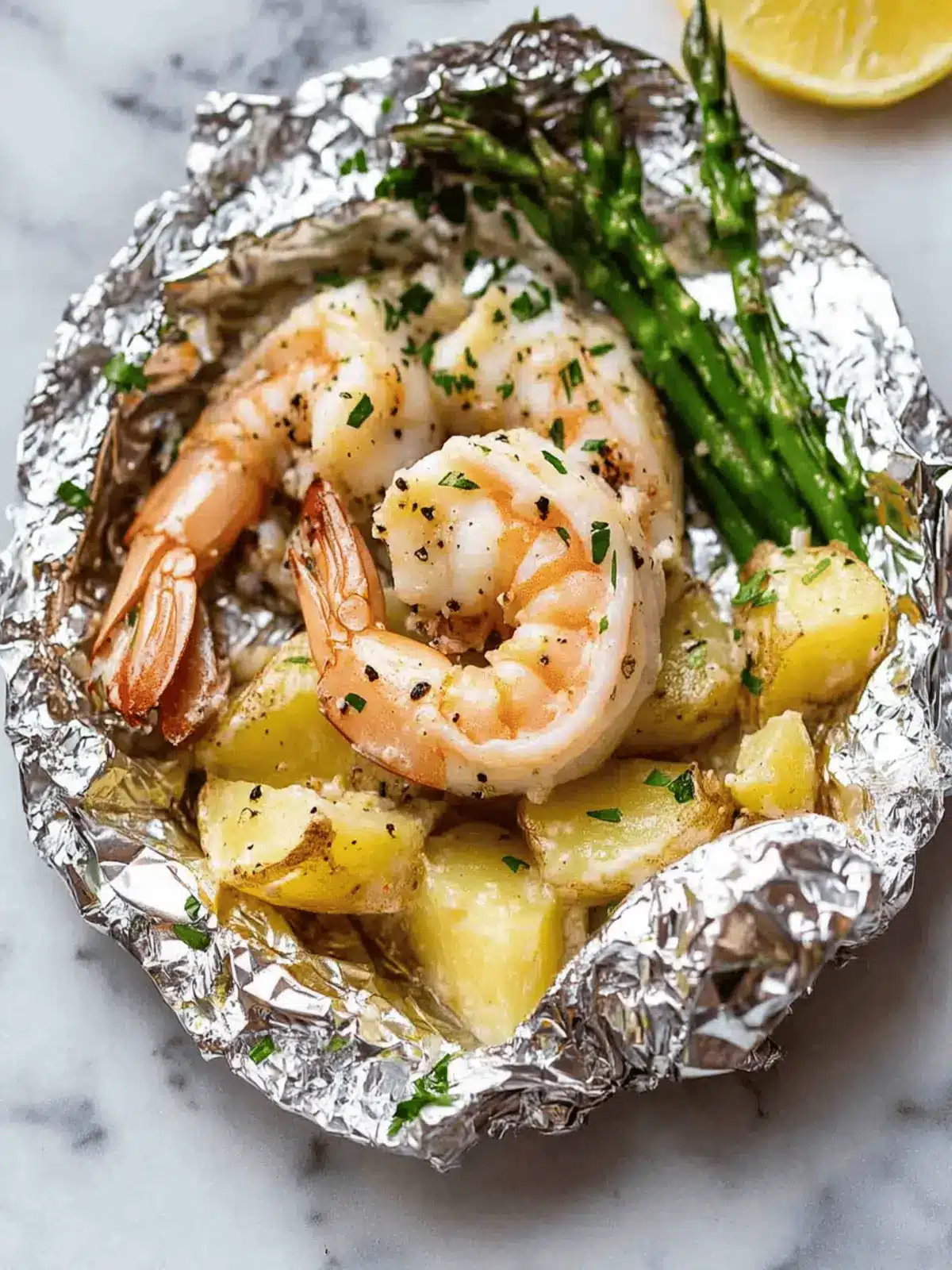 Creamy Garlic Prawns & Cheesy Potato Foil Packet Delight 2 Creamy Garlic Prawns (Shrimp) & Cheesy Potato Foil Packet!