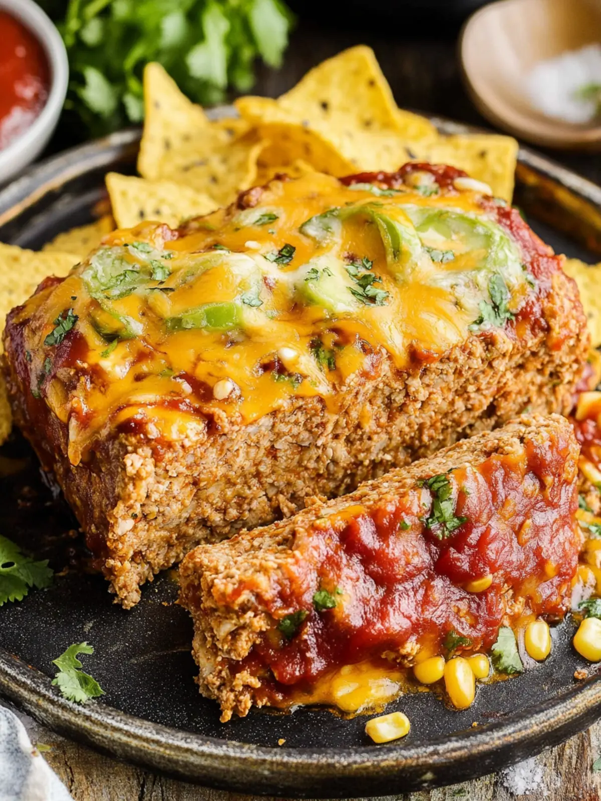 Tex-Mex Meatloaf from a Baking Sheet with Crunchy Tortilla Chips 2 Tex-Mex meatloaf from a baking sheet with tortilla chips
