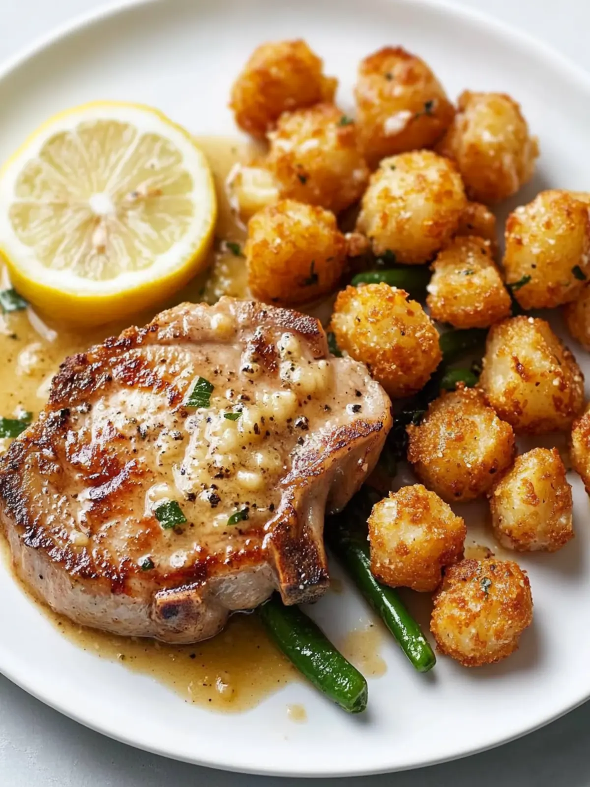Savor Lemon Garlic Pork Chops with Cheesy Tater Tots Today 2 Lemon Garlic Pork Chops with Parmesan Tater Tots
