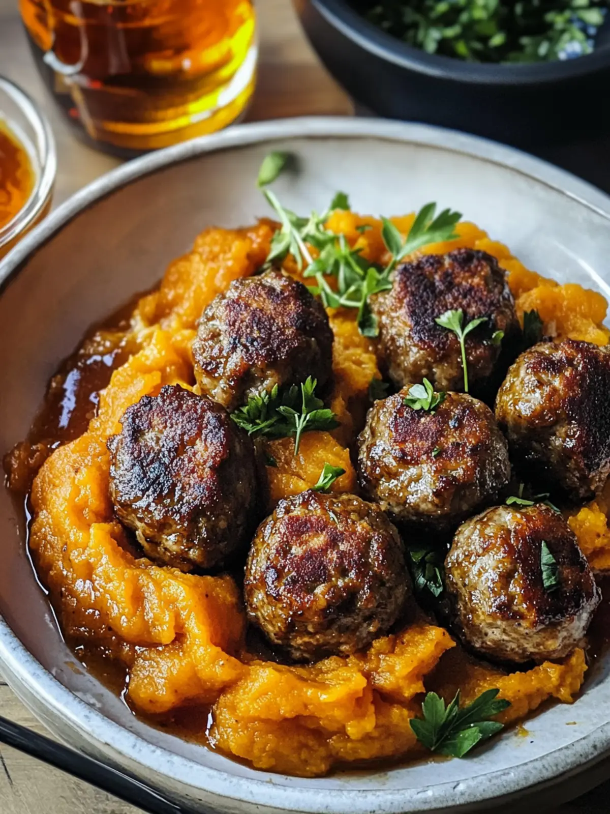 Savory Pork Meatballs with Creamy Sweet Potato Bliss 4 Pork Meatballs Sweet Potato