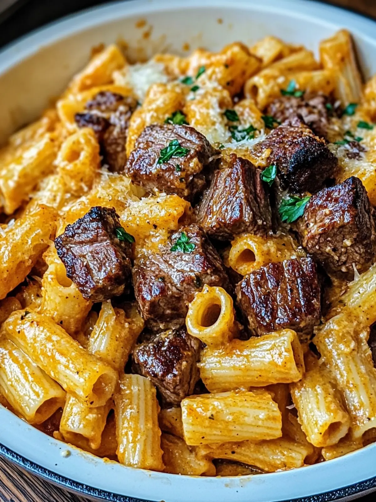 Cajun Steak Tips in Cheesy Rigatoni Parmesan Sauce Delight 2 Cajun Steak Tips in Cheesy Rigatoni Parmesan Sauce