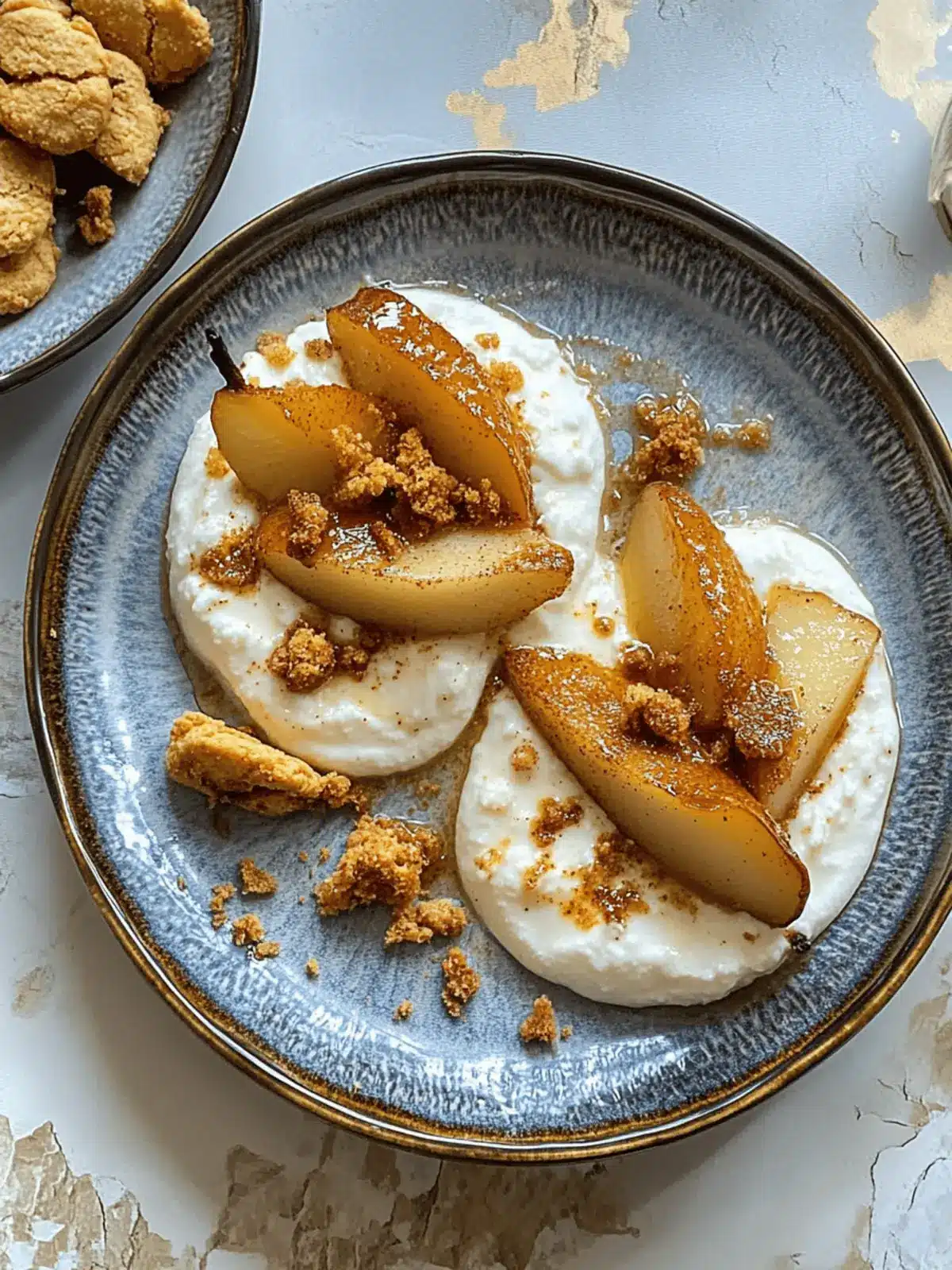 Indulge in Roasted Pear with Spiced Ricotta Yoghurt Bliss 4 Roasted Pear with spiced ricotta yoghurt and crumbled biscuits