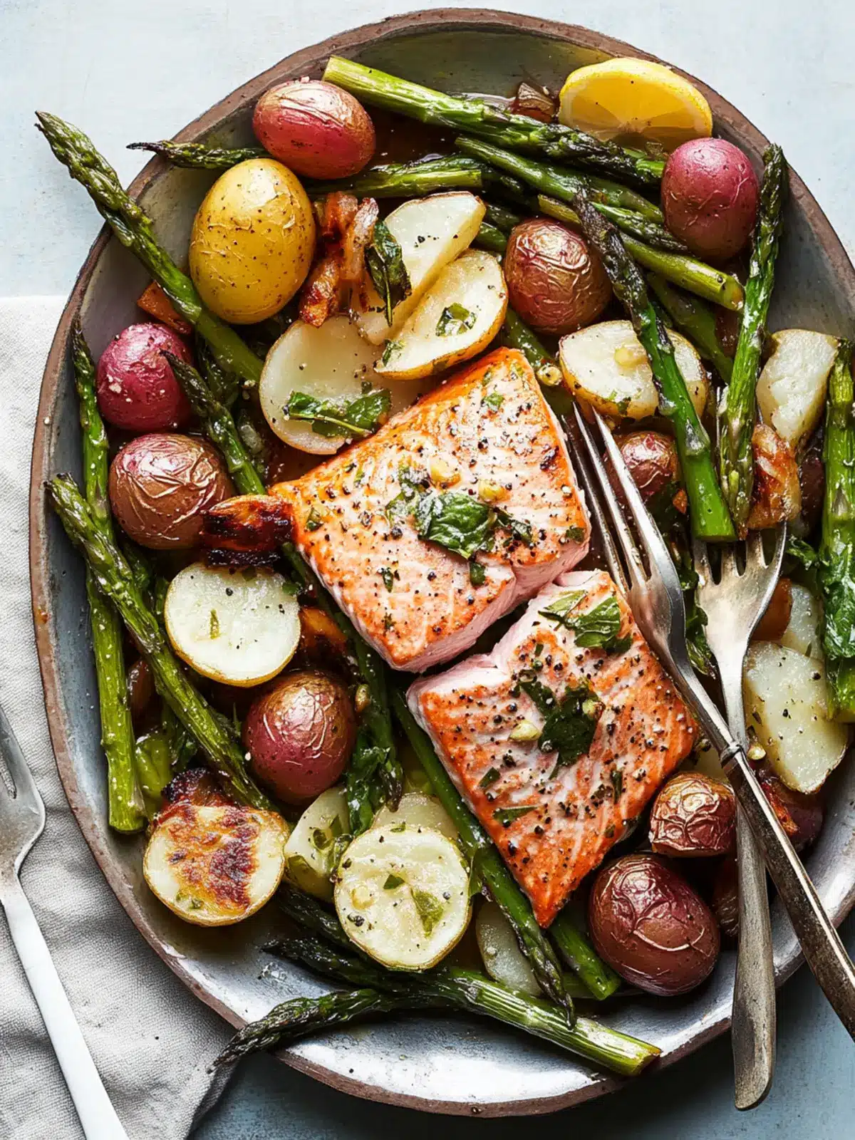 Lemon-Roasted Salmon with Escarole, Asparagus, and Potatoes Delight 4 Lemon-Roasted Salmon With Escarole, Asparagus, and Potatoes