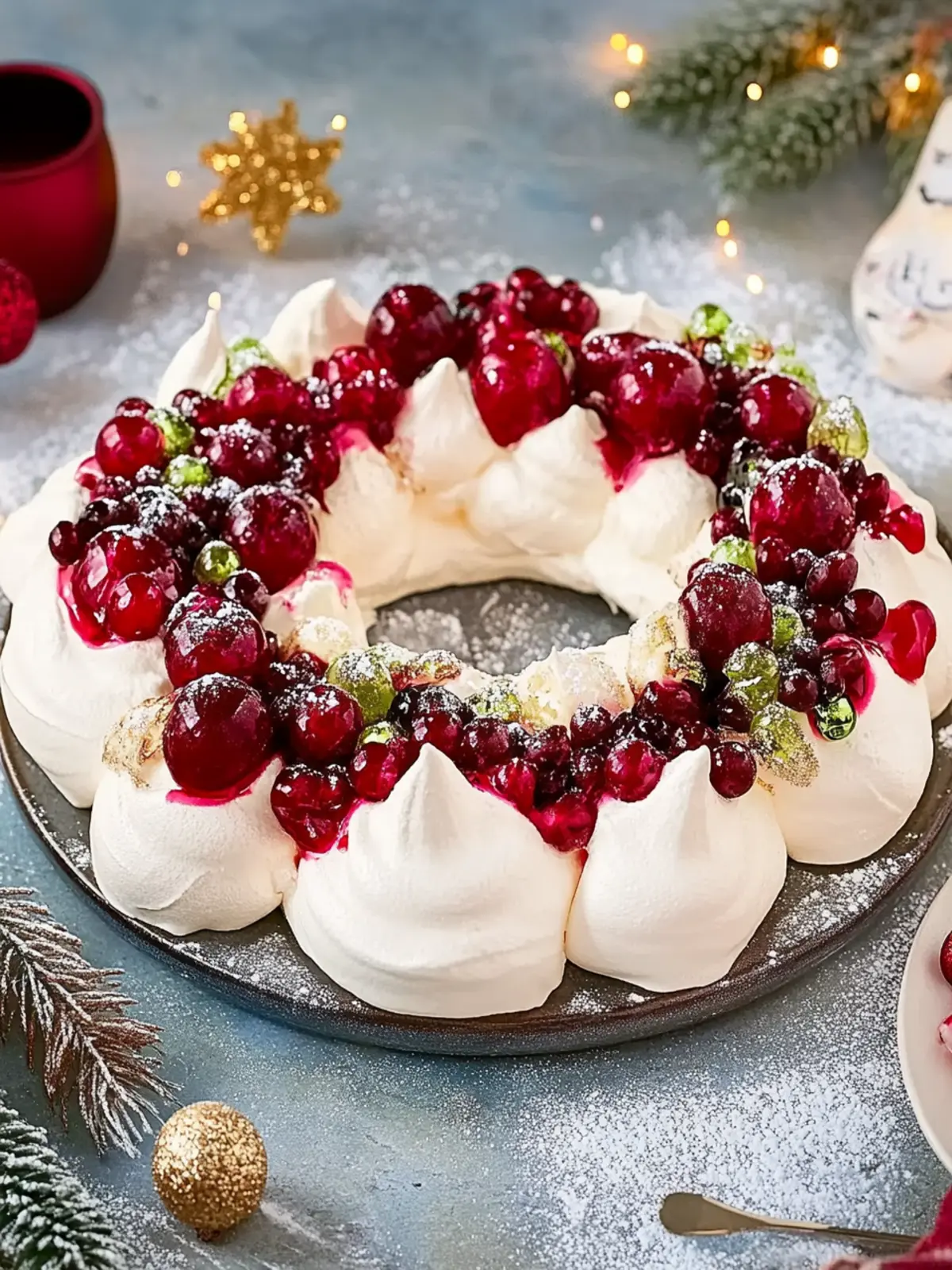 Christmas Pavlova Wreath with Pomegranate Sauce Delight 3 Christmas Pavlova wreath- holiday dessert recipes