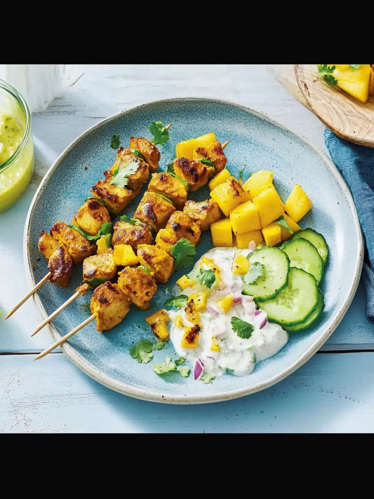 Tandoori Skewers with Cucumber Mango Salad for Summer Bliss 2 Tandoori skewers with cucumber and mango salad