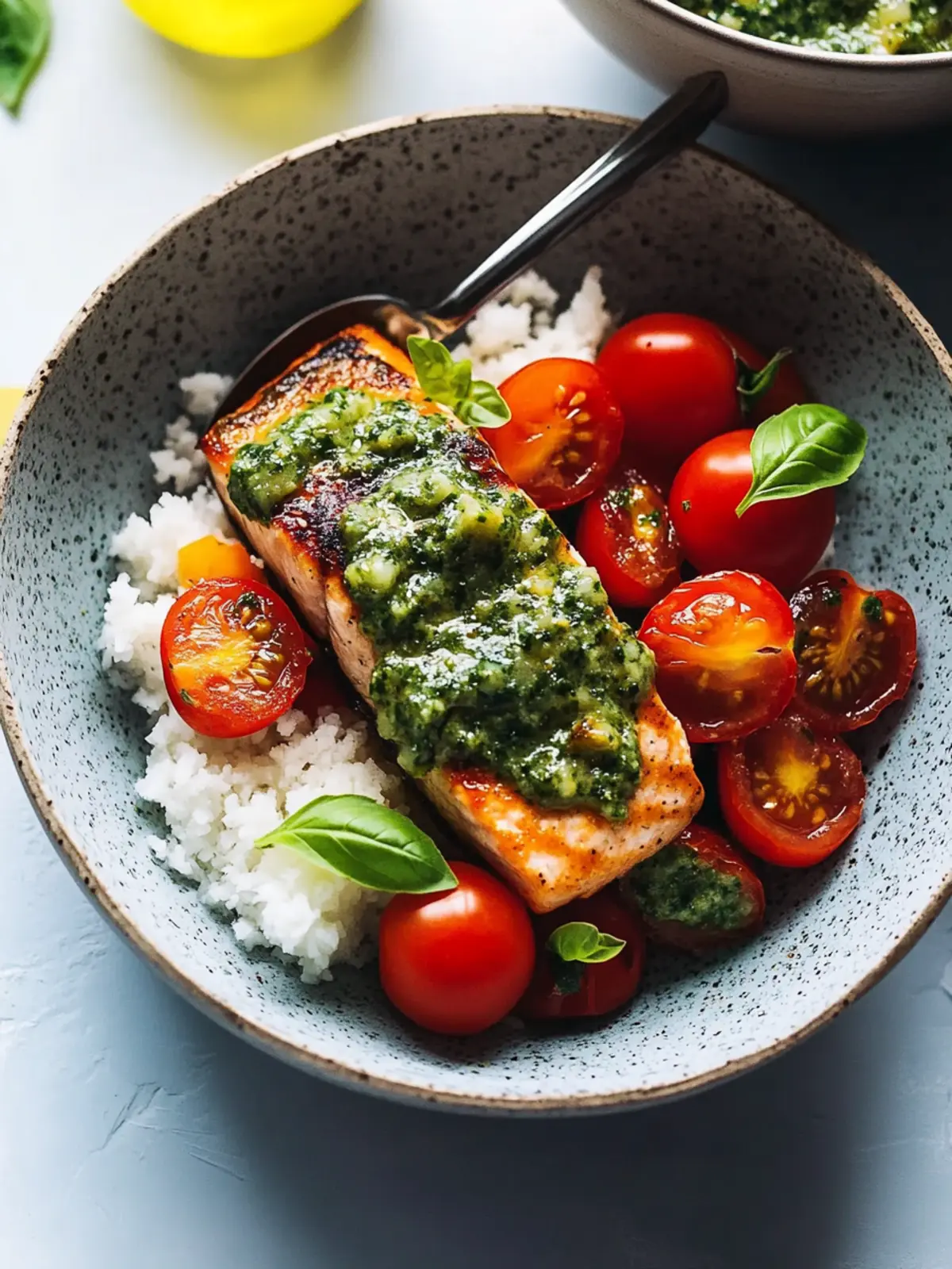 Savory Salmon with Basil Sauce and Fresh Tomato Salad 3 Salmon with Basil Sauce and Tomato Salad