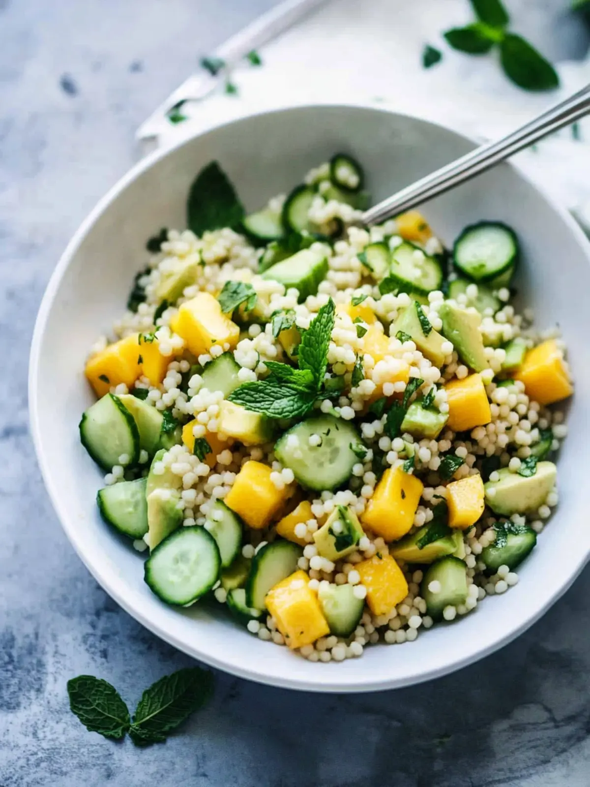 Cucumber, Mango & Avocado Israeli Couscous Salad That Pops 2 Cucumber, Mango & Avocado Israeli Couscous Salad with Mint-Chile Vinaigrette
