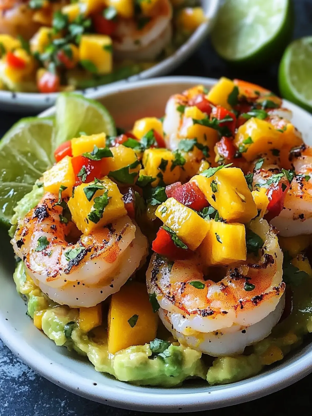 Fresh Shrimp and Avocado Bowls with Zesty Mango Salsa Delight 4 Fresh Shrimp and Creamy Avocado Bowls Topped with Zesty Mango Salsa and Lime Chili Sauce