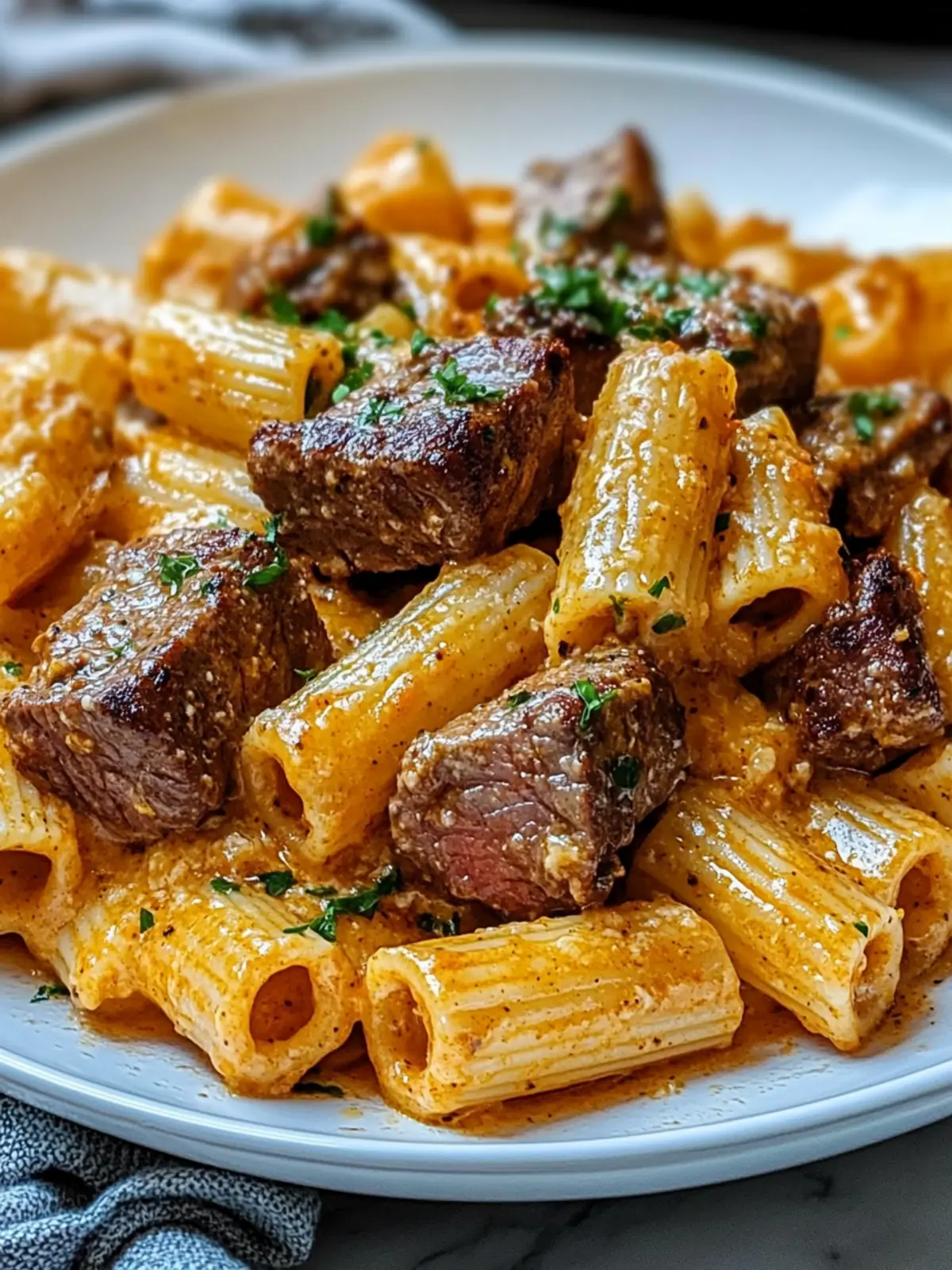 Cajun Steak Tips in Cheesy Rigatoni Parmesan Sauce Delight 4 Cajun Steak Tips in Cheesy Rigatoni Parmesan Sauce