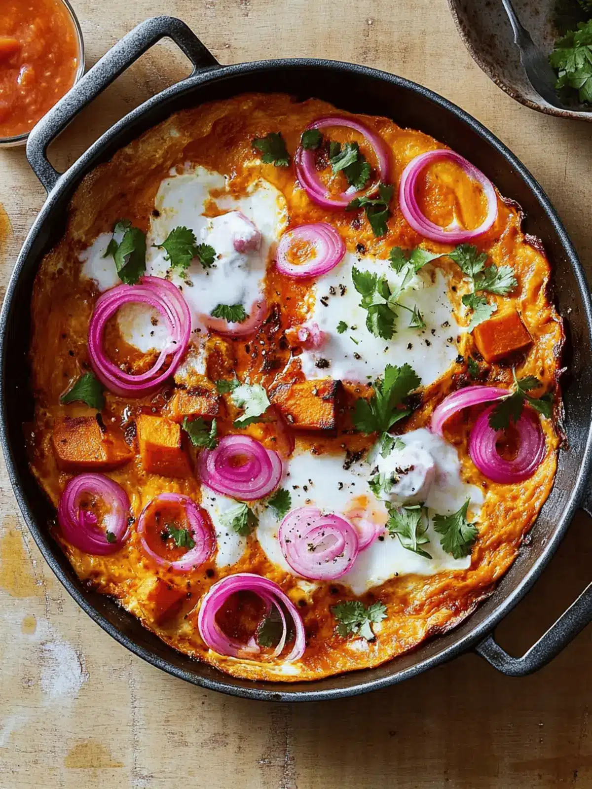Sweet Potato Shakshuka with Sriracha Butter & Zesty Onions 4 Sweet potato shakshuka with sriracha butter and pickled onions